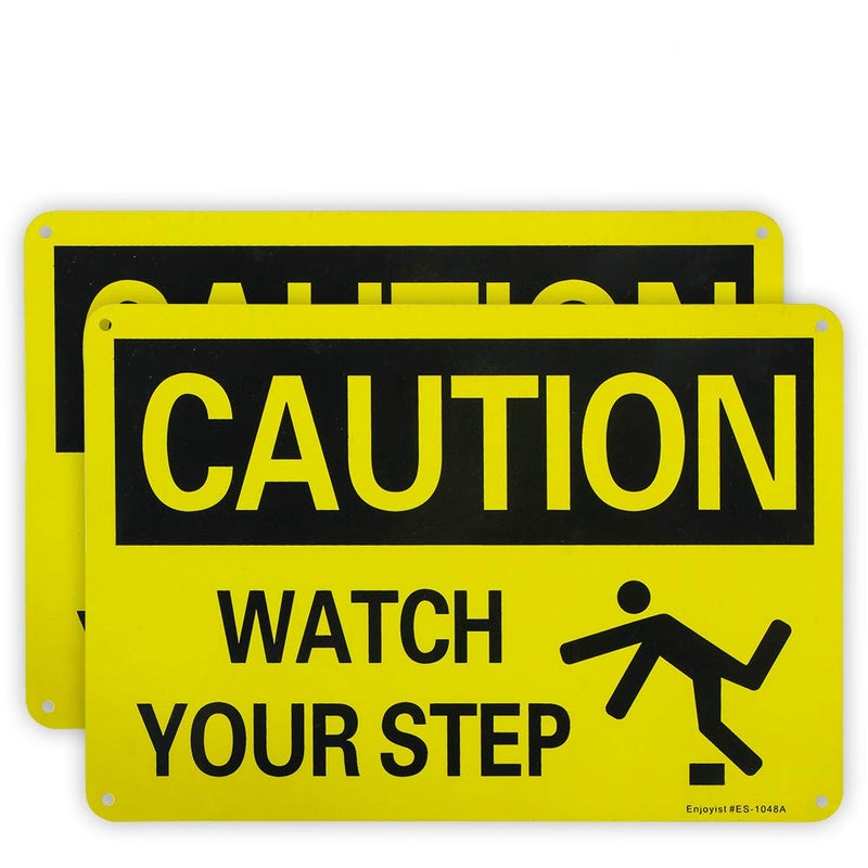 Enjoyist 2-Pack Caution Watch Your Step Sign, 10"x 7" .040 Rust Free Aluminum â€“ Reflective, UV Protected and Weatherproof - Image 1